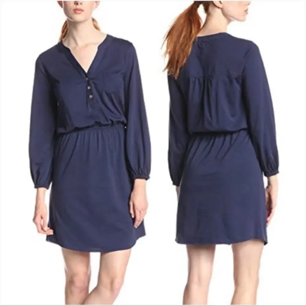 Lilly Pulitzer Medium Navy Blue Knee Length V-Neck Long‎ Sleeve Beckett Dress